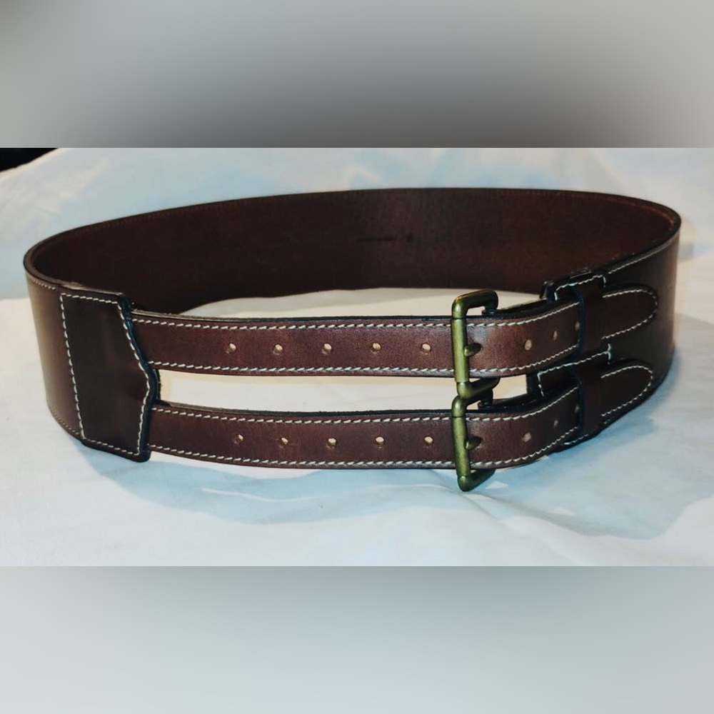 The J. Peterman Company Medium Brown Leather Wide Belt Brass Tone double Buckles